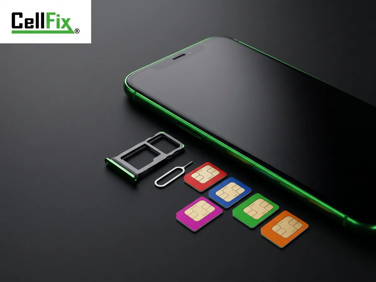Smartphone with its SIM tray open next to a choice of SIM cards on the CellFix counter