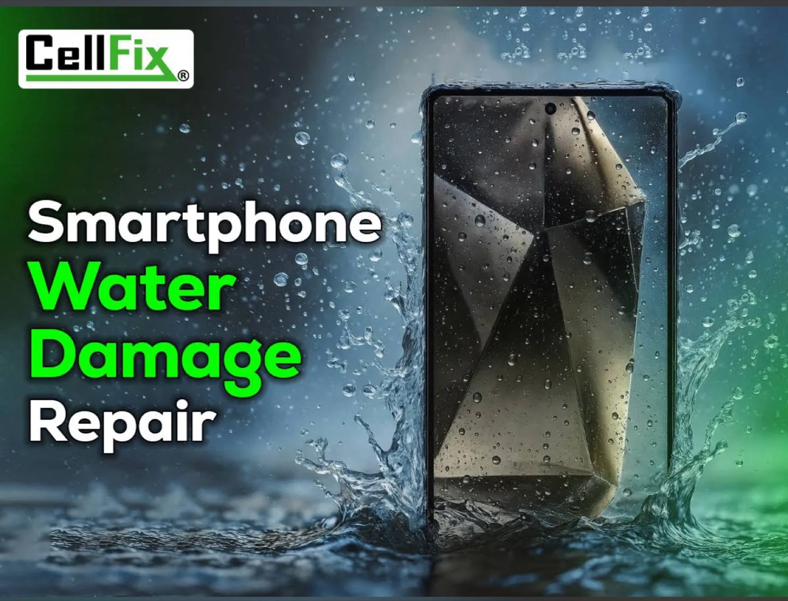 A water droplet suspended above a smartphone screen, lit in green