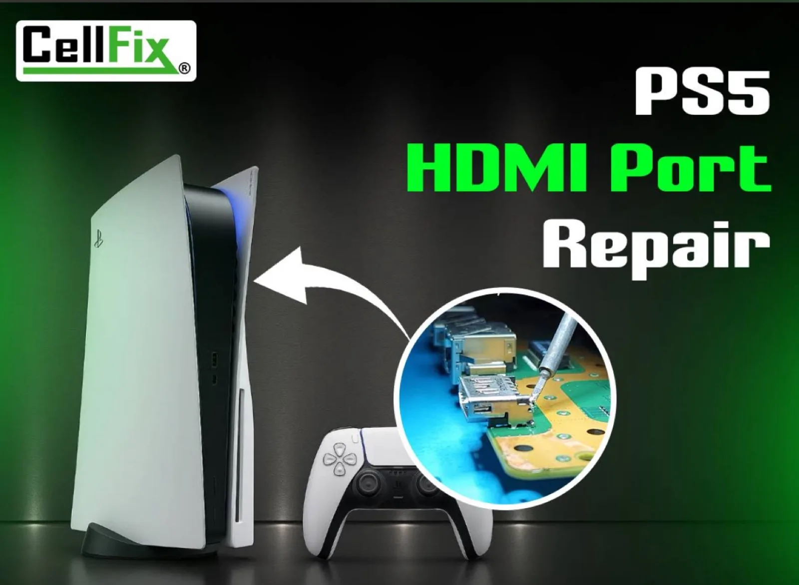Close-up of an HDMI plug at a game console's port, glowing green