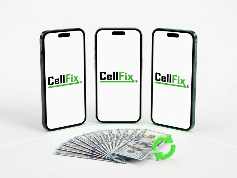 Three phones showing the CellFix logo above a fan of $100 bills and a green trade icon