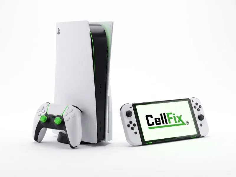 Game console with controller and a handheld console showing the CellFix logo