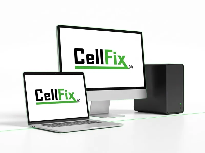 Laptop, desktop monitor and PC tower showing the CellFix logo