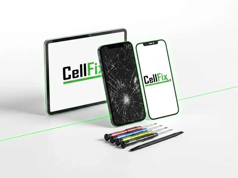 Cracked iPhone next to a new replacement screen and tablet showing the CellFix logo, with repair tools
